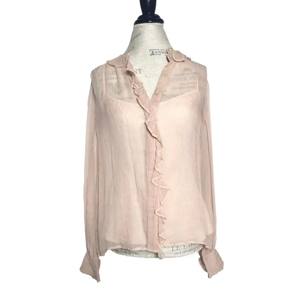 J. Crew | Women | Tan Ruffle Sheer Crinkle Chiffon Button Up Blouse | Sz 2